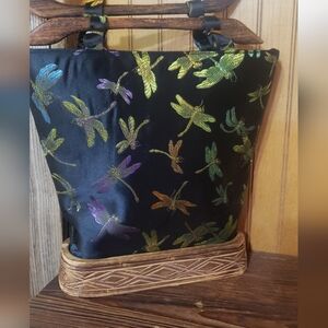 Silk Embroided Dragonfly Purse  Wood Handles Wood Base Statement Piece Boho